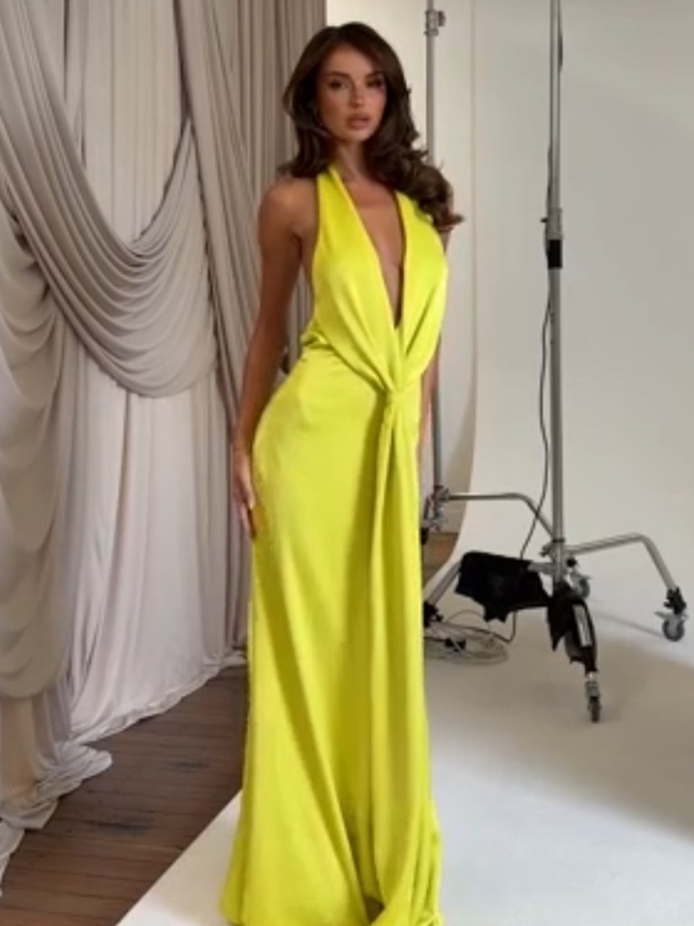 NEW White Fox Delicate Delight Maxi Dress Chartreuse Plunge Gown XS